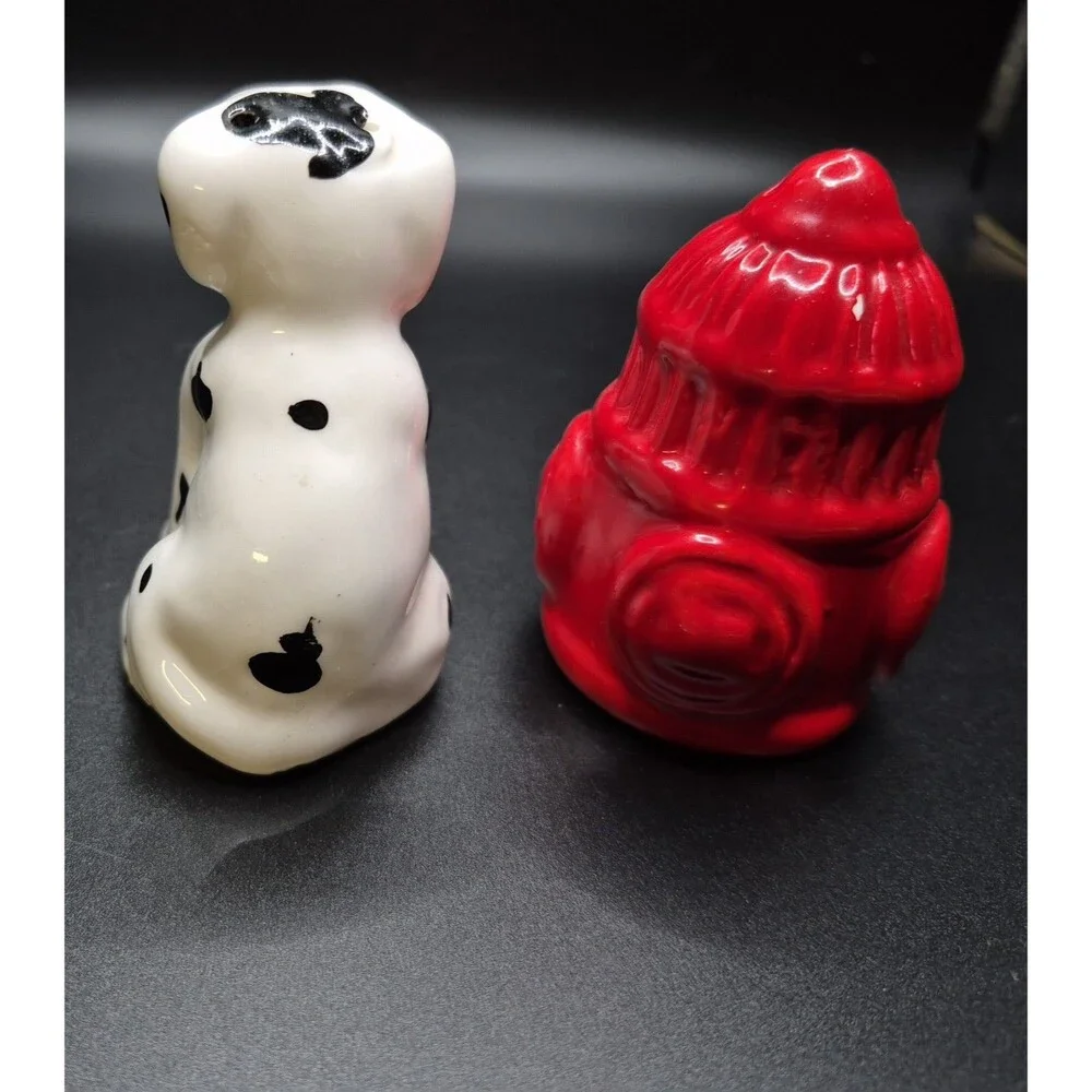 Vintage Salt & Pepper Shakers Figural Dalmation Dog + Fire Hydrant FireFighter